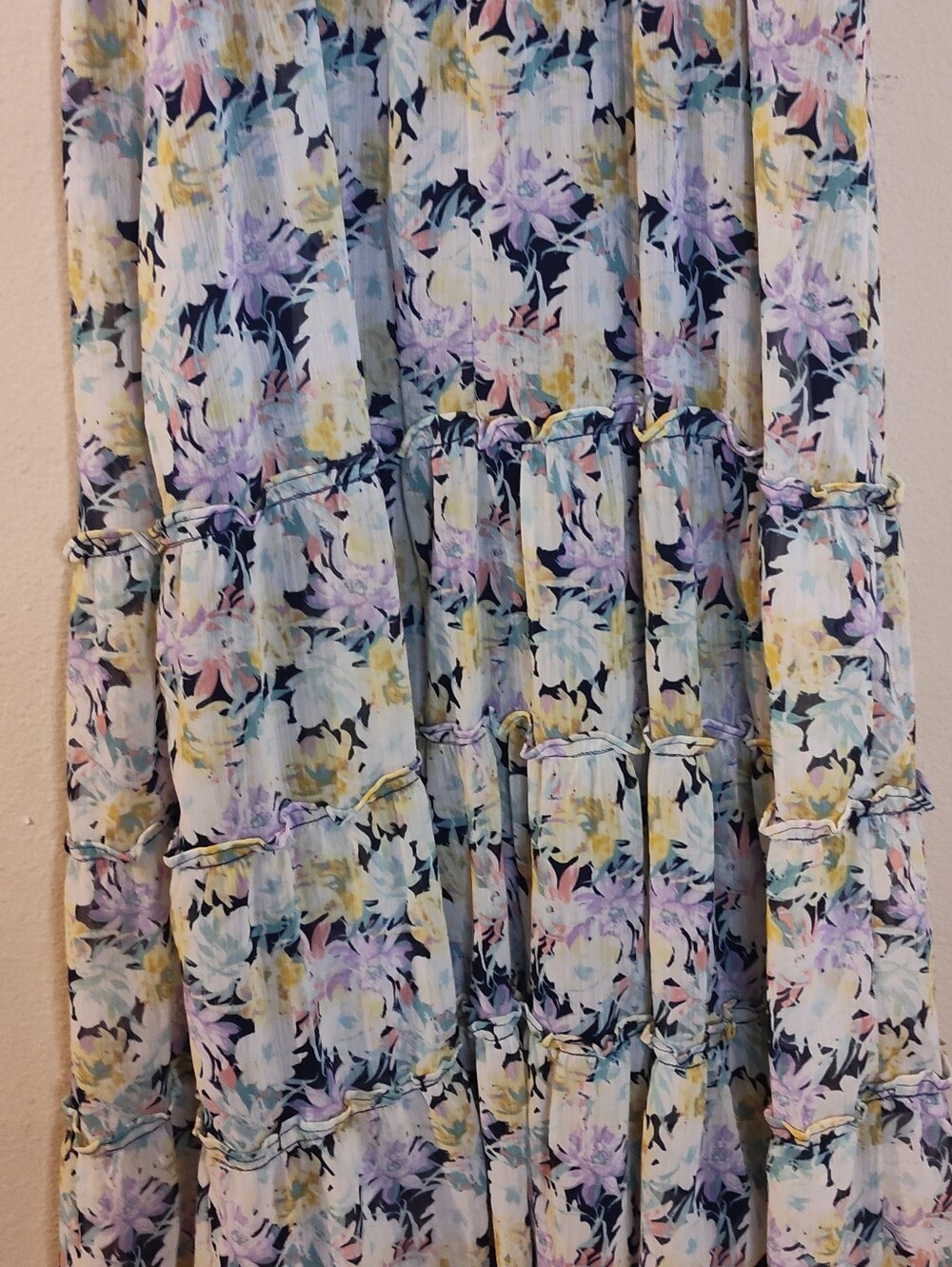Cottagecore Floral Midi Sundress in Pastel Blues & Lilacs Tiered Ruffles Prairie - Picture 8 of 13